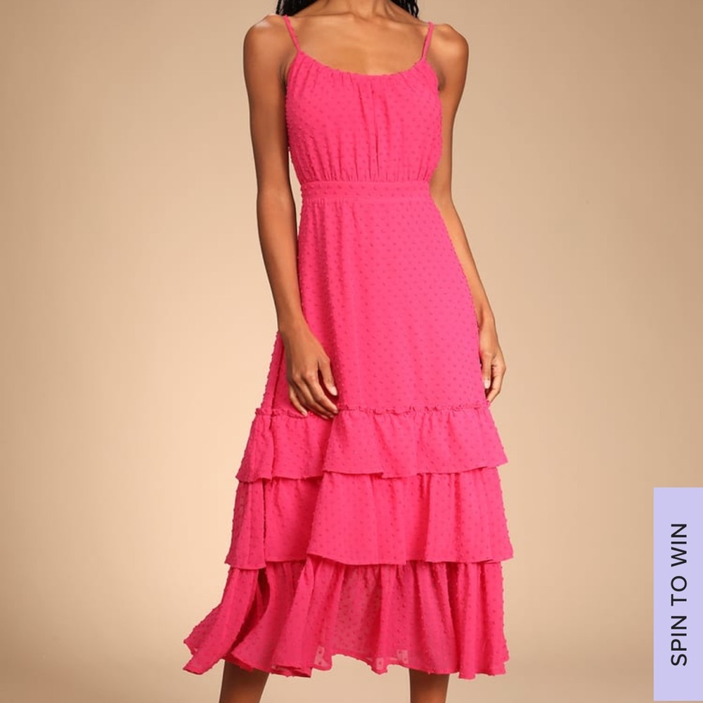 NWT Lulus Tiers and Applause Hot Pink Swiss Dot Tie-Back Tiered Midi Dress